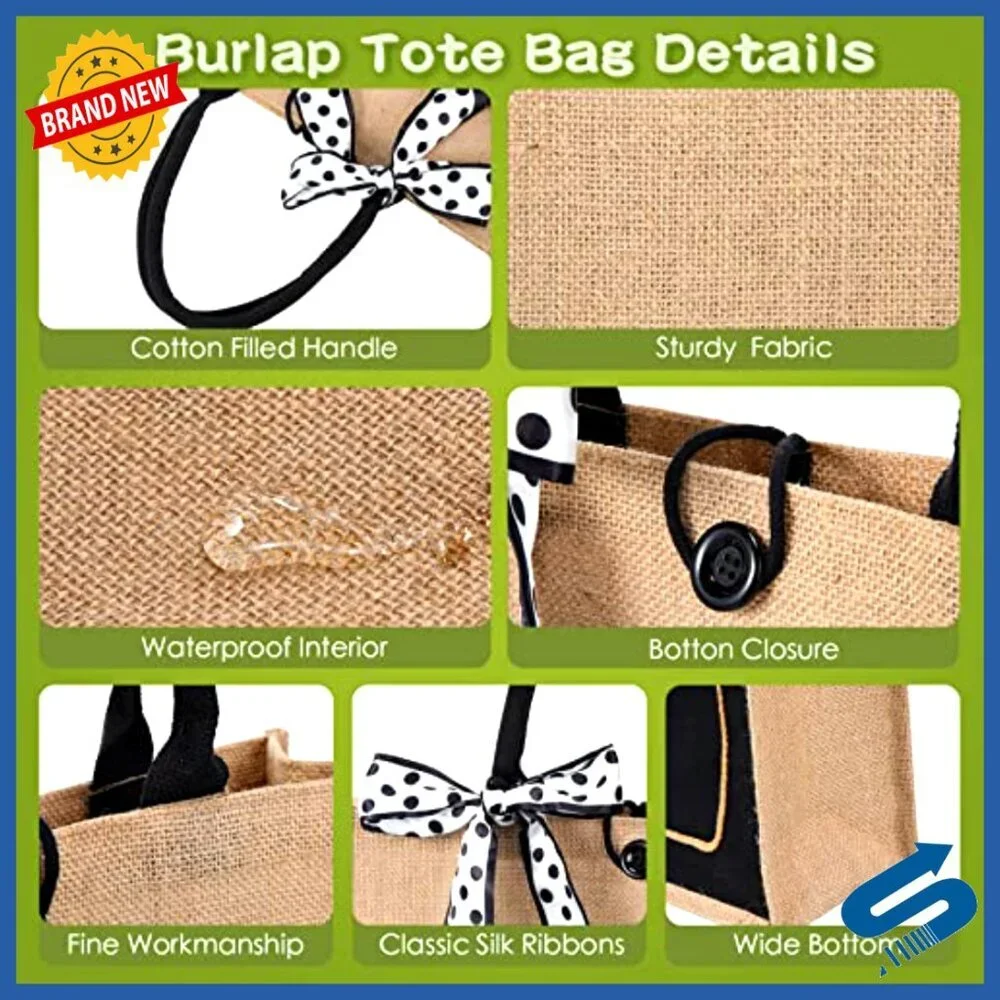 Large Jute Tote Bags Bulk Set with Handles Front Pocket DIY Blank Retro